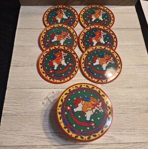 VTG 1986 Enesco Lucy Rigg Cork-Back Tin Coaster 6/Set w/Case Bear Rocking Horse